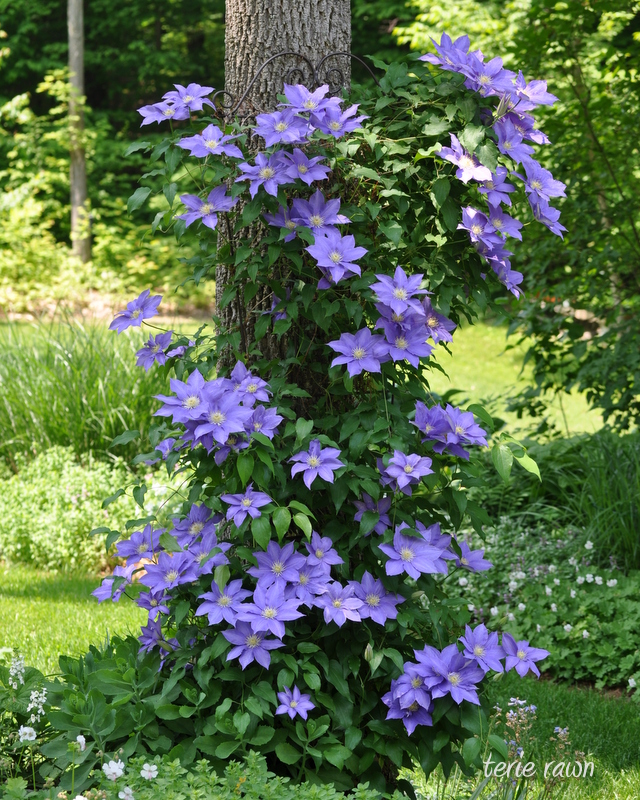 purple clematis growing around a tree