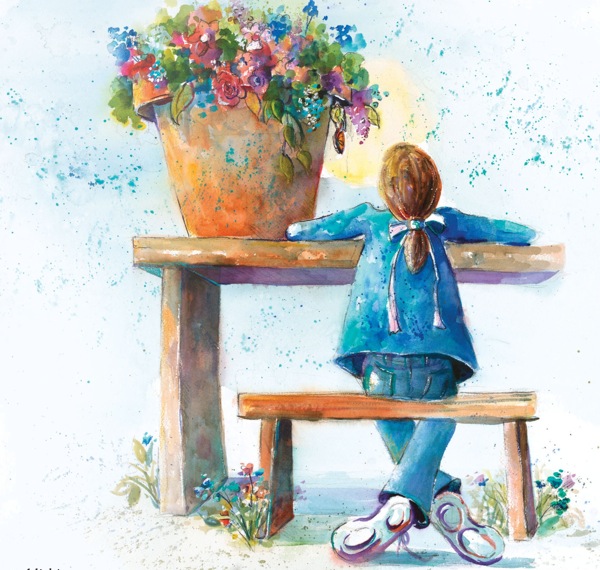 young girl sitting at table staring up at a huge flowerpot 