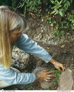 woman adding stones to a slope for erosion control, creating planting pockets 