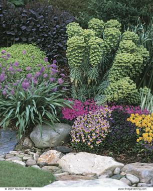 n the front yard, the streambed is edged by a manicured lawn and a perennial border 